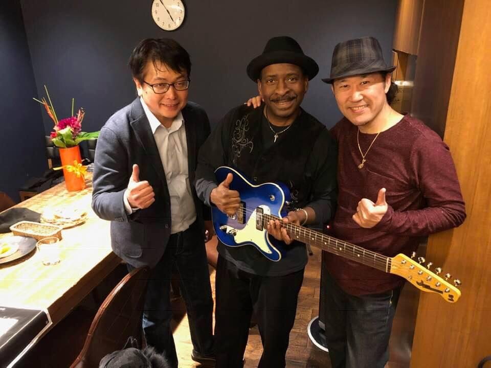 Shun, Wil A. Crosby, and the owner of Moon Guitars